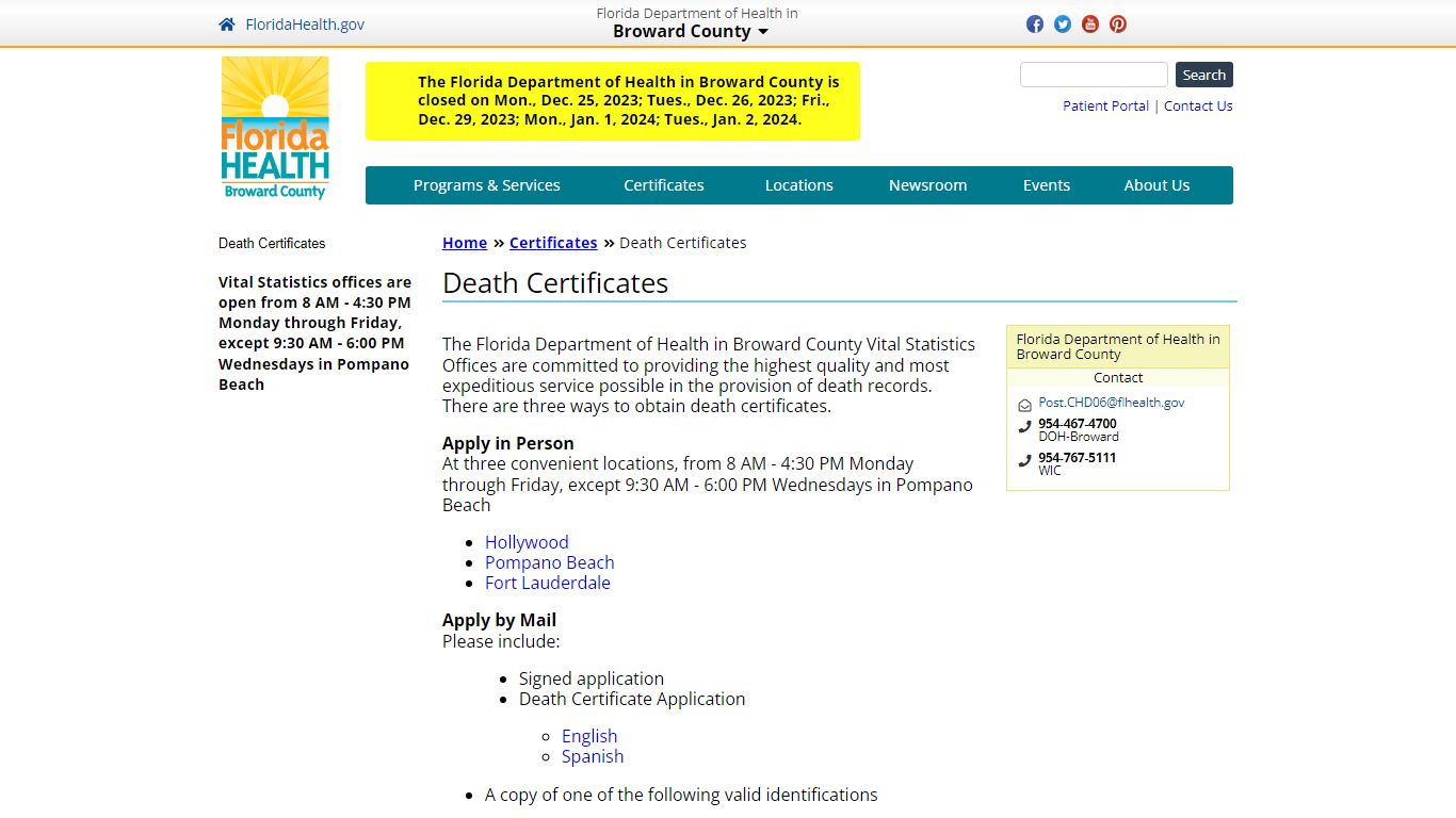 Death Certificates | Florida Department of Health in Broward